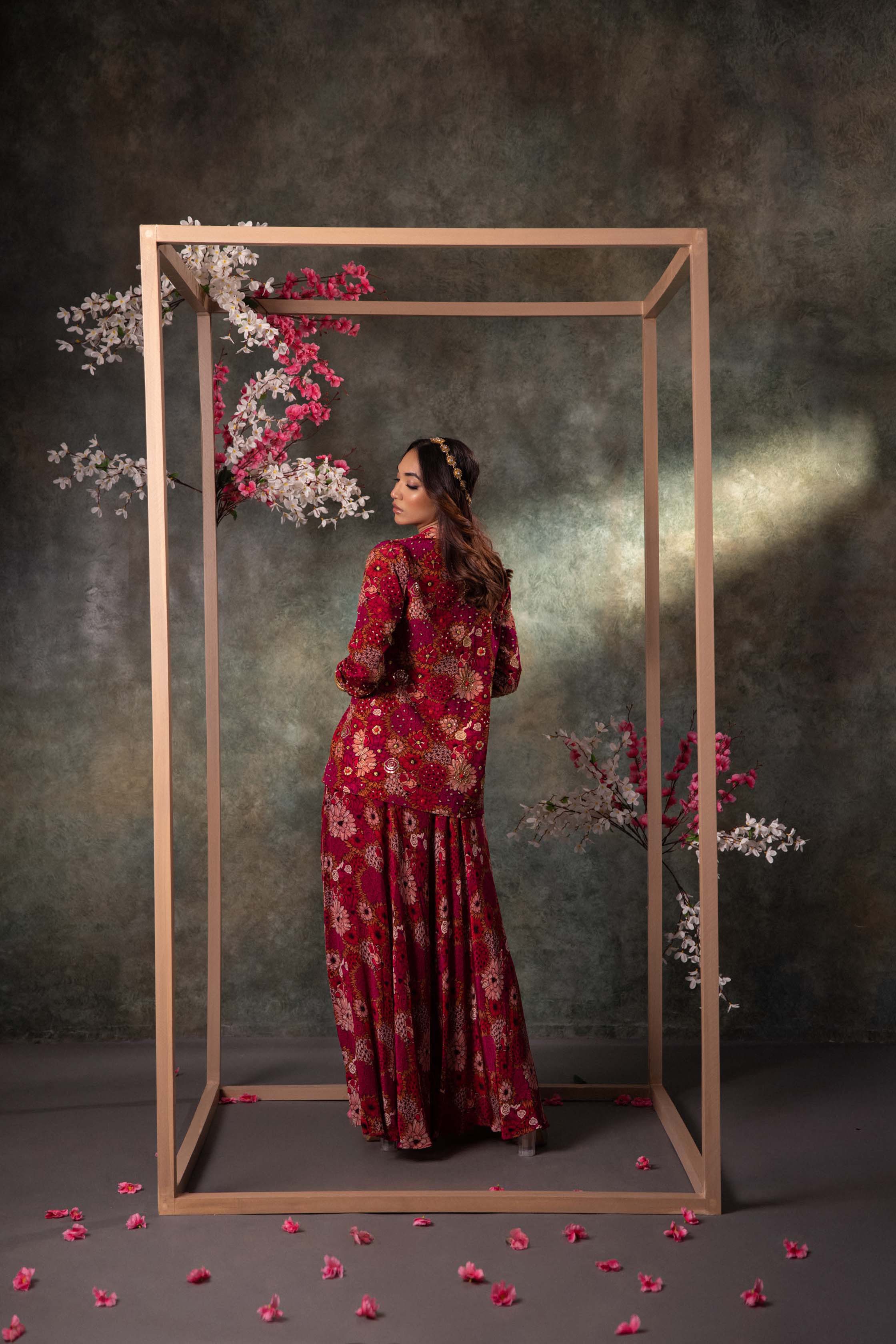 Pink Printed Choli, Skirt And Blazer Set With Embroidery - Image 3