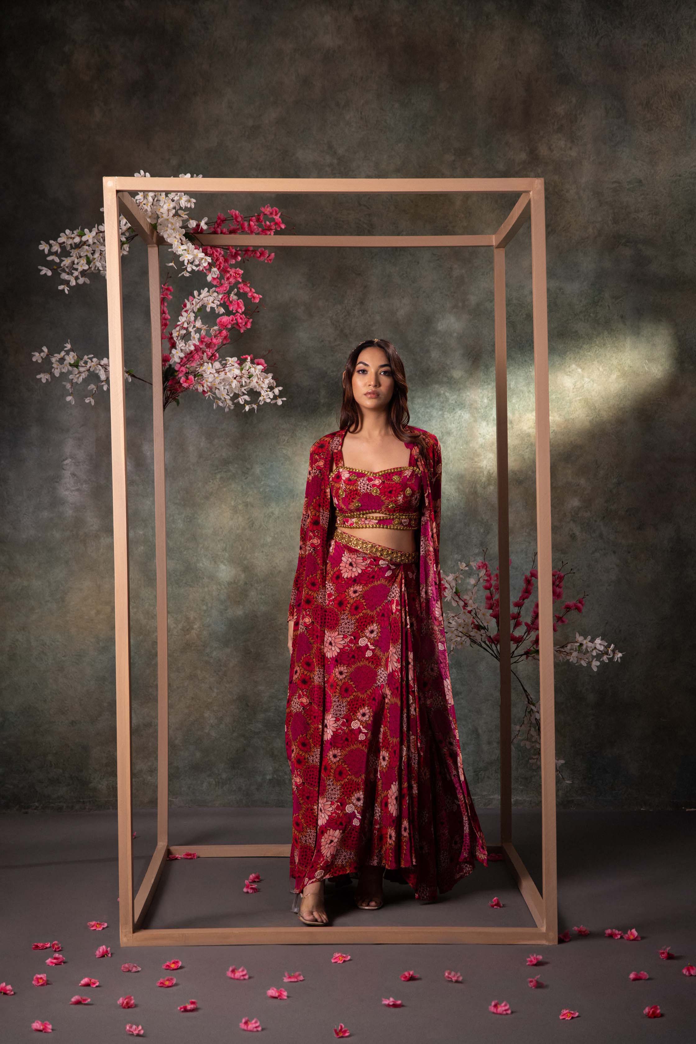 Pink Printed Choli, Skirt And Dupatta Set With Embroidery