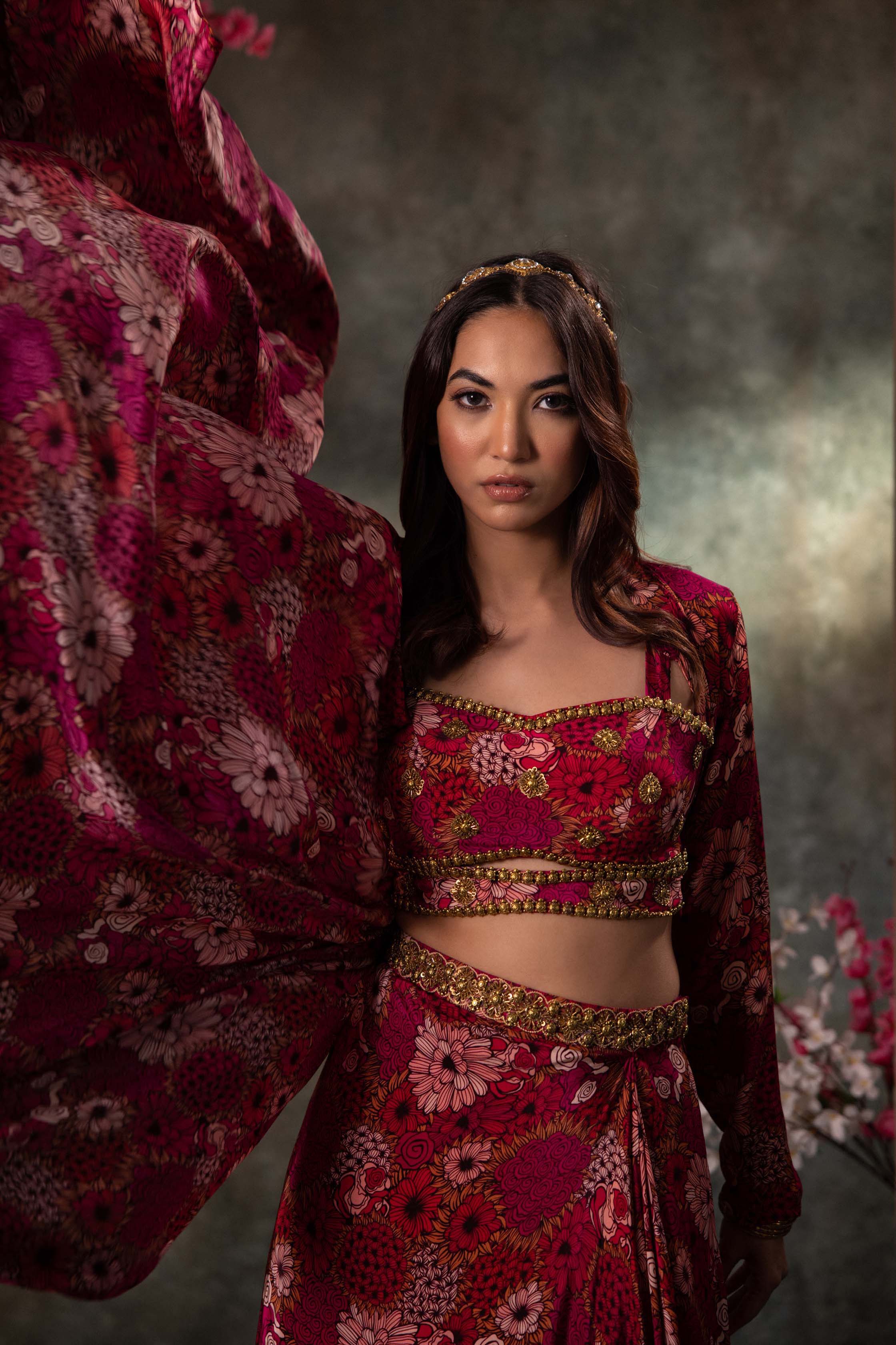 Pink Printed Choli, Skirt And Dupatta Set With Embroidery - Image 3