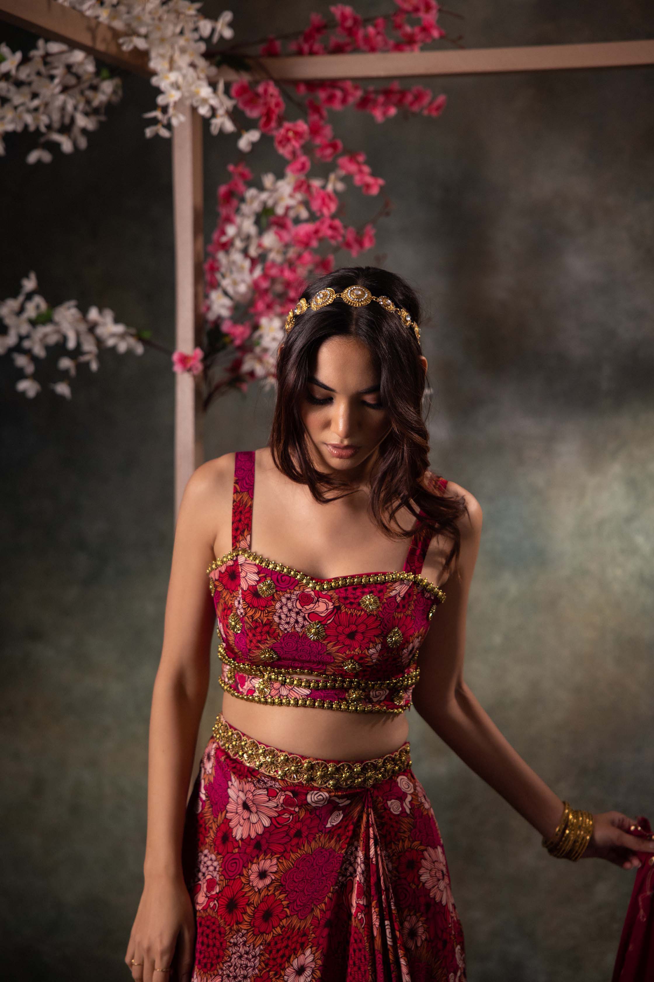 Pink Printed Choli, Skirt And Dupatta Set With Embroidery - Image 2