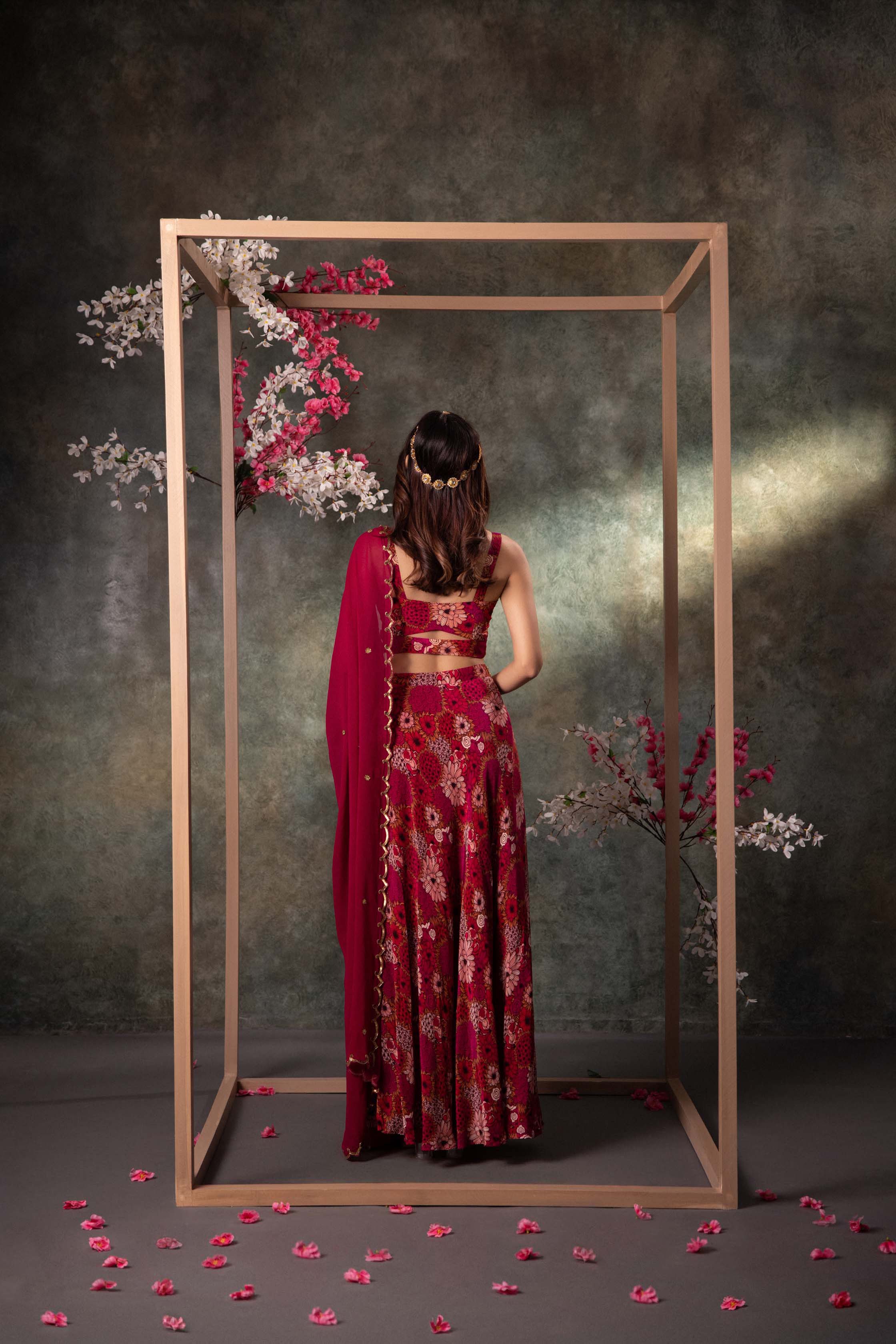 Pink Printed Choli, Skirt And Dupatta Set With Embroidery - Image 3