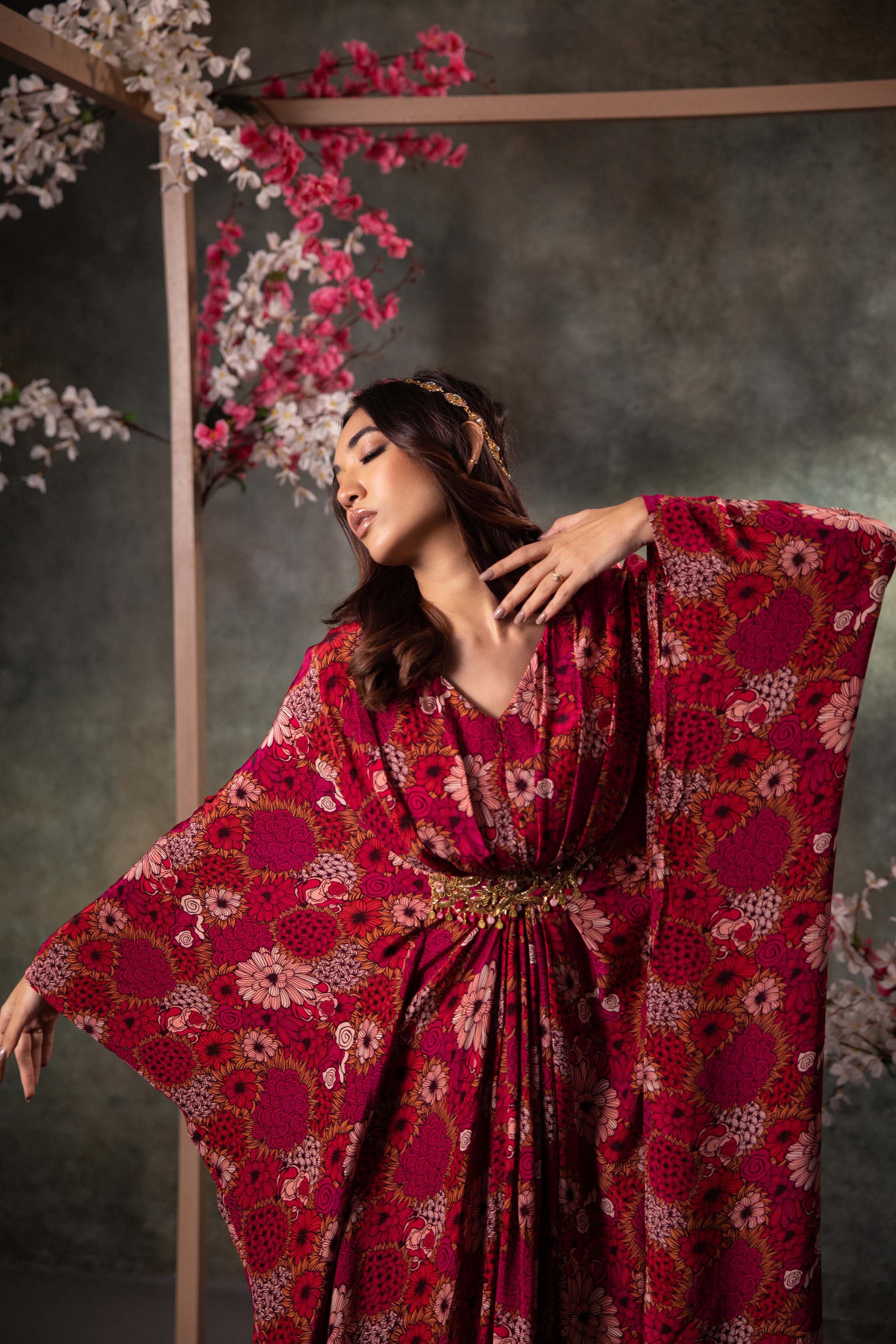 Pink Printed Kaftan With Embroidery - Image 2