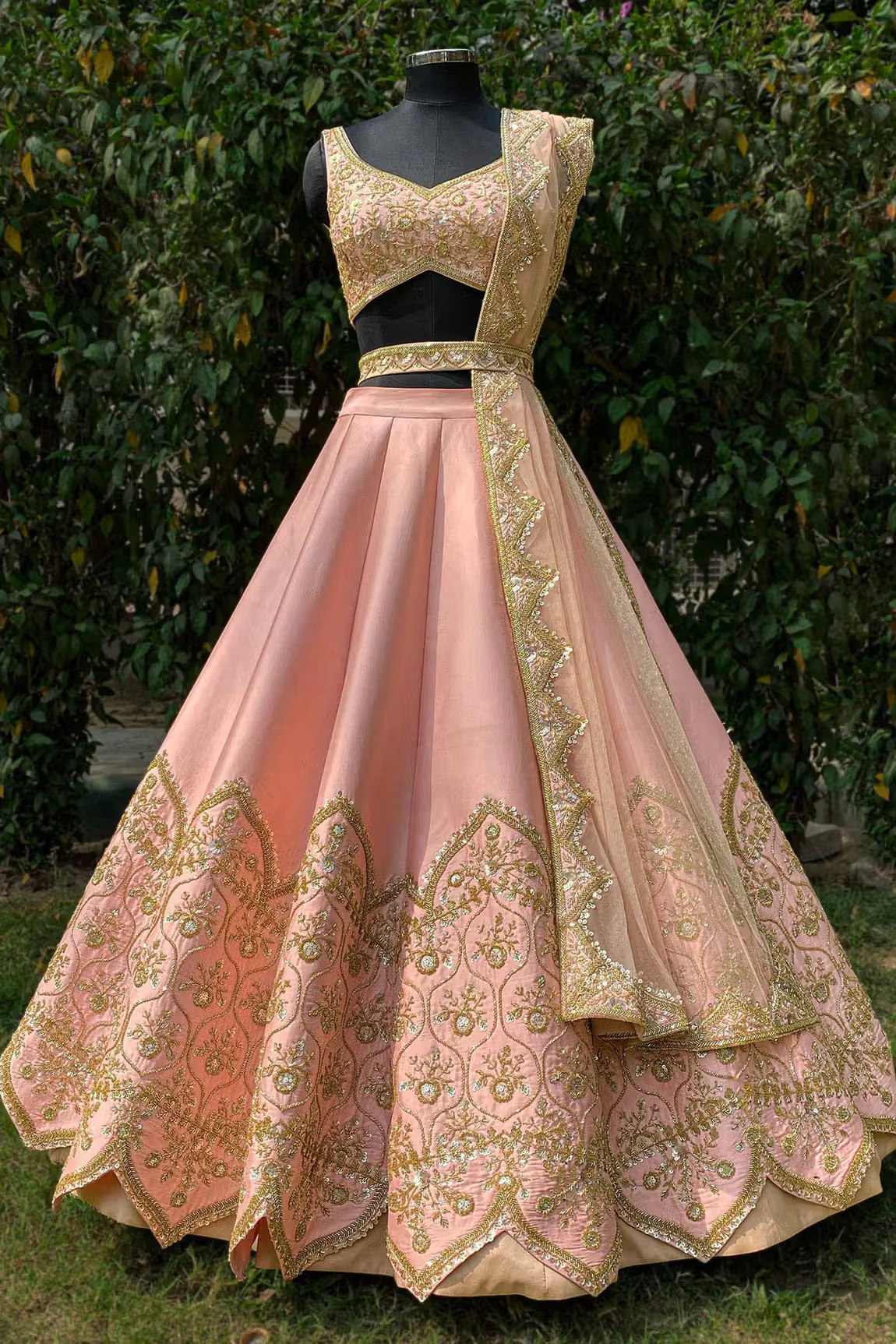 Pink Raw Silk Floral Embroidered Lehenga Set