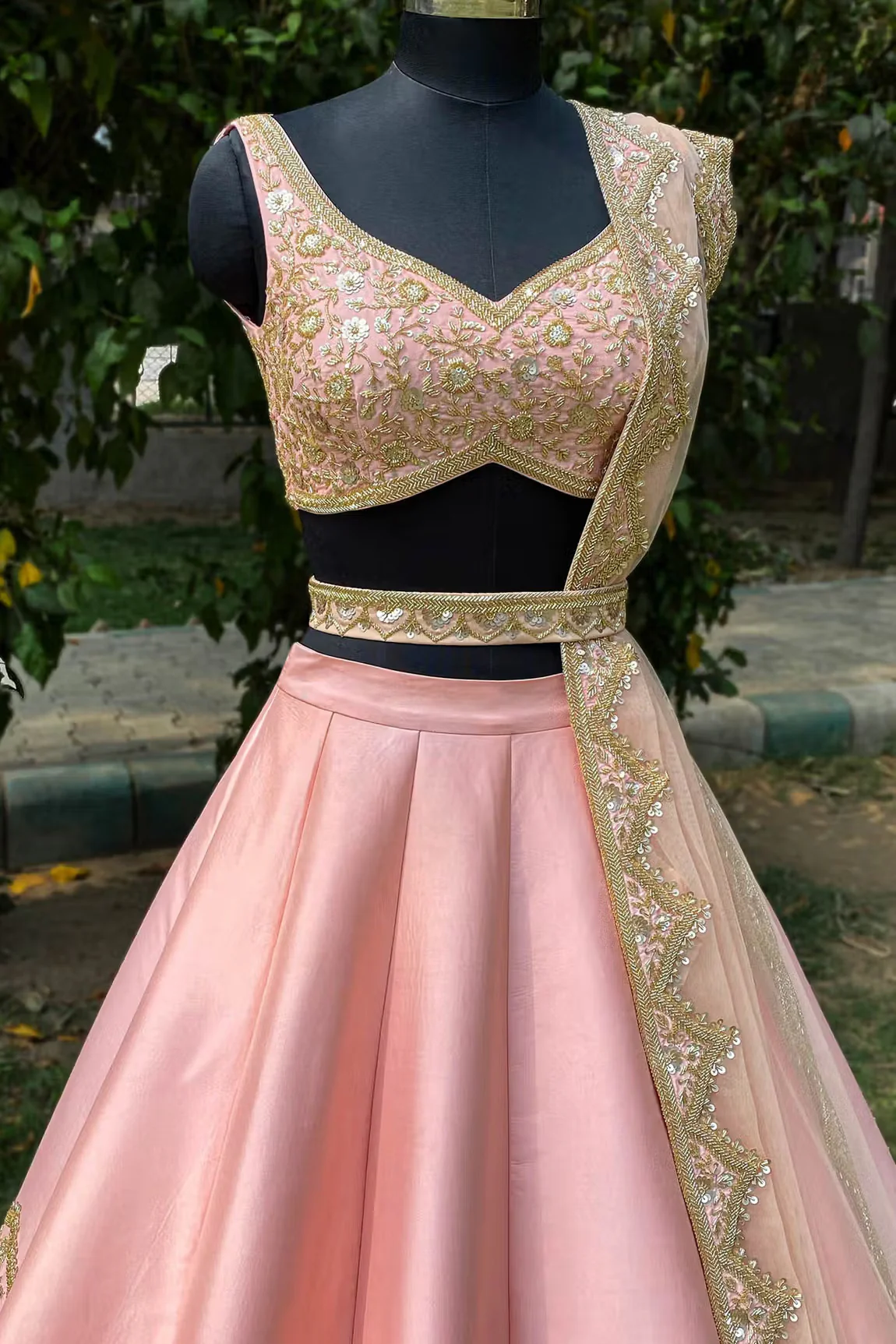 Pink Raw Silk Floral Embroidered Lehenga Set - Image 3