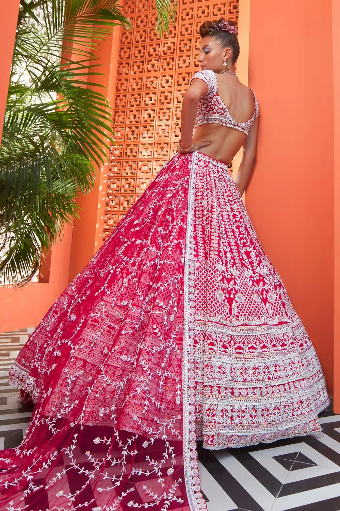 Pink Raw Silk Primrose Floral Embroidered Lehenga Set - Image 2