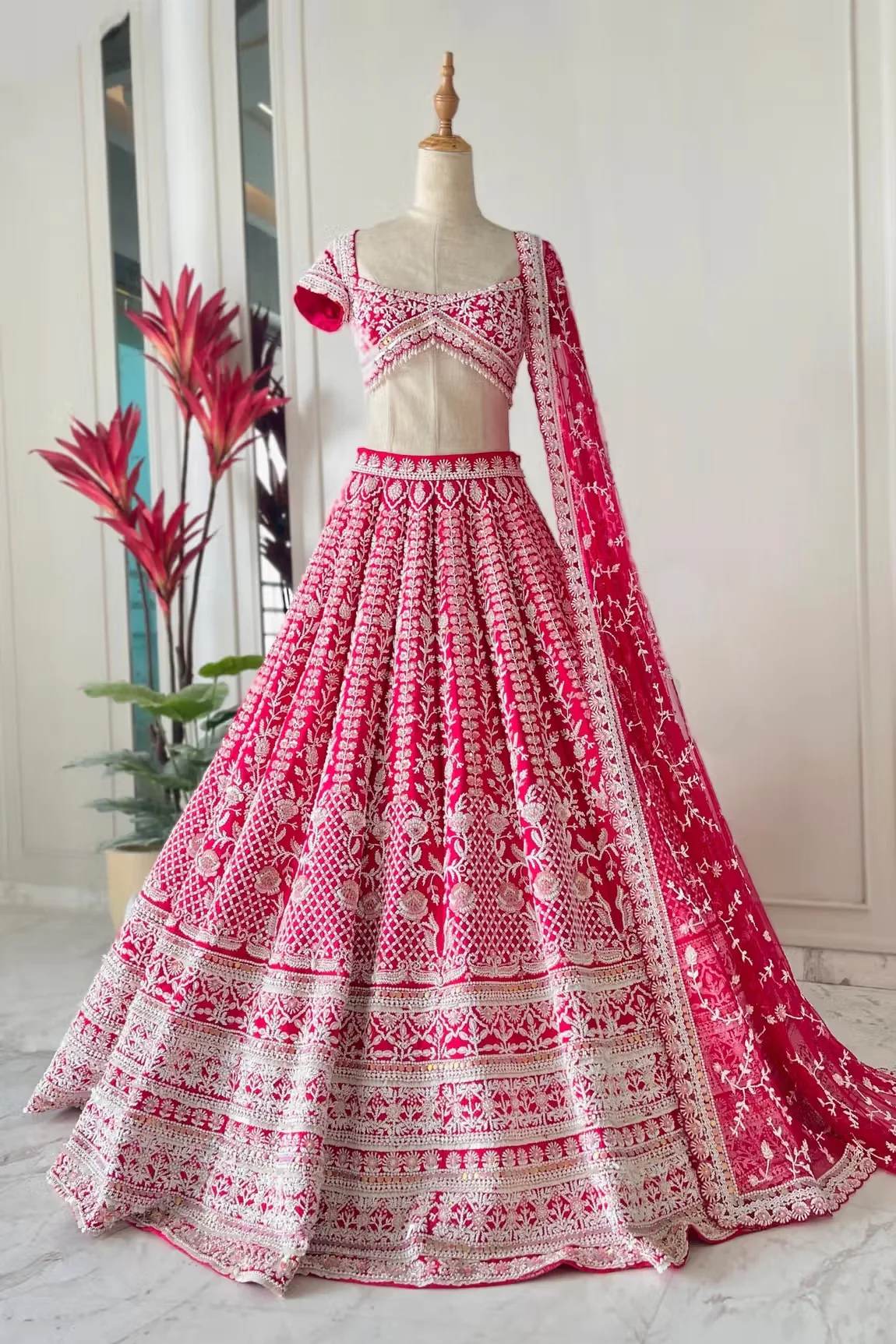 Pink Raw Silk Primrose Floral Embroidered Lehenga Set - Image 3