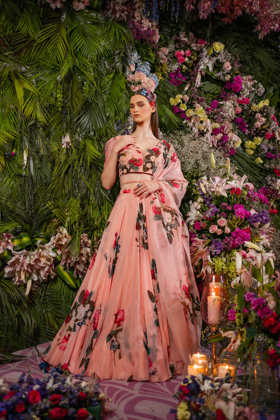 Pink organza Floral Print Lehenga Set - Image 3
