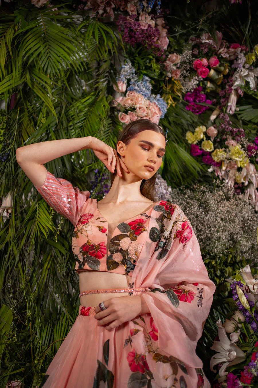 Pink organza Floral Print Lehenga Set - Image 4