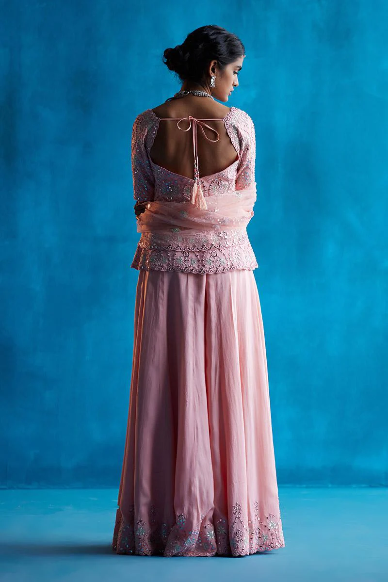 Pink Silk Peplum Top Sharara Set - Image 2