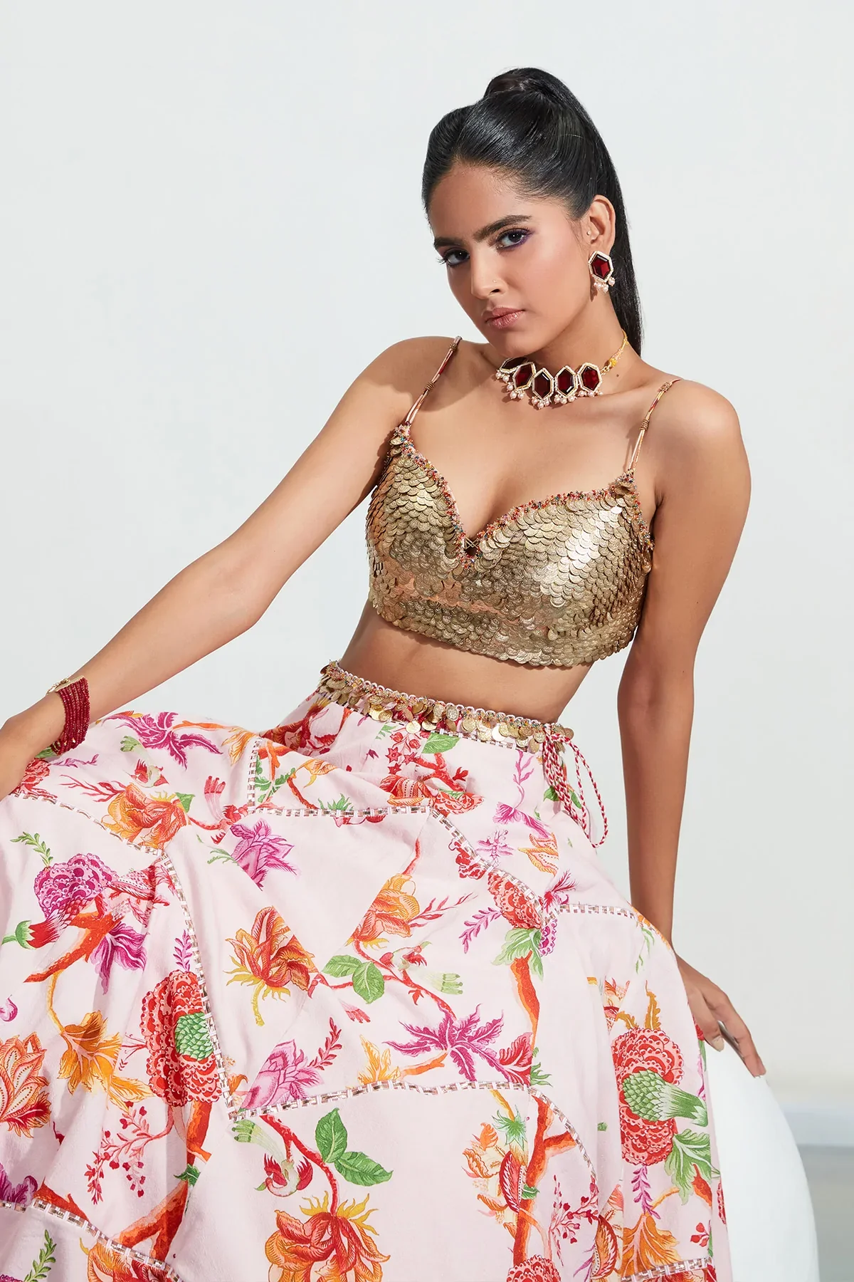 Pink Textured Cotton Amina Floral Print Lehenga Set - Image 3