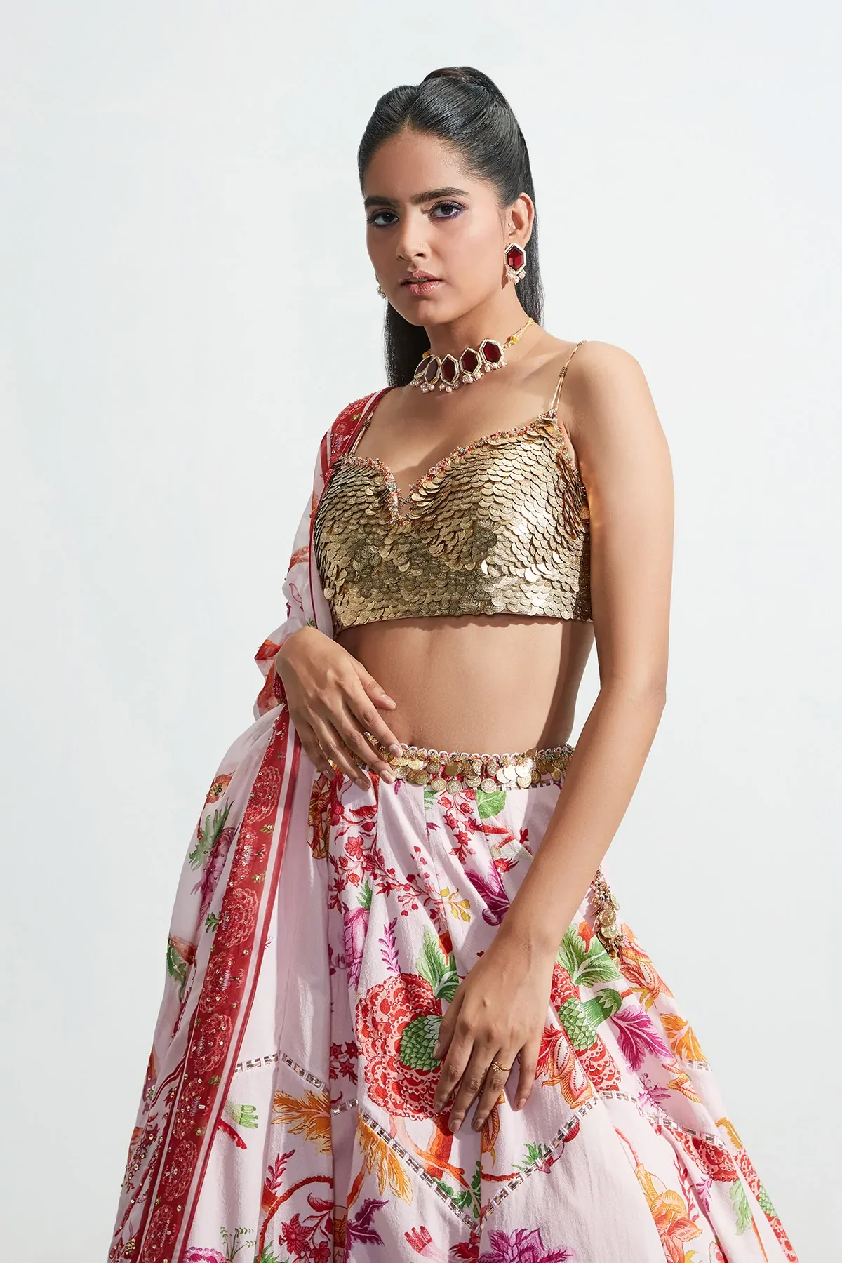 Pink Textured Cotton Amina Floral Print Lehenga Set - Image 4