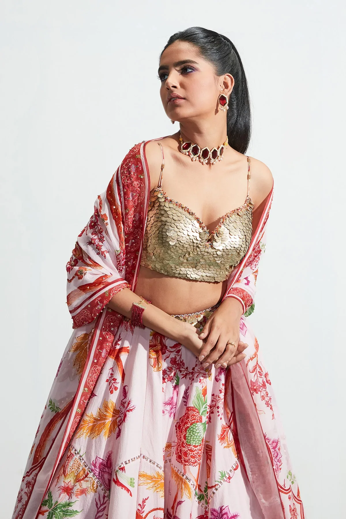 Pink Textured Cotton Amina Floral Print Lehenga Set - Image 6