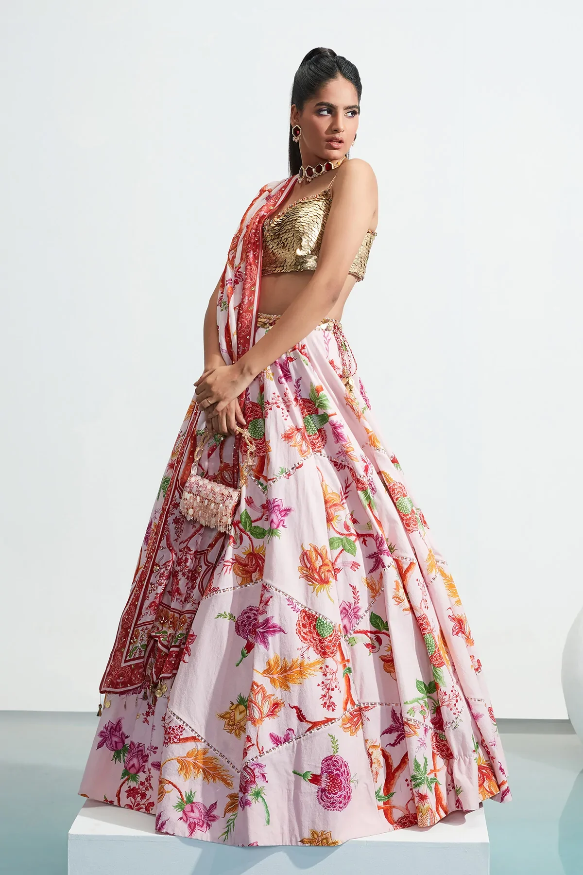 Pink Textured Cotton Amina Floral Print Lehenga Set - Image 7
