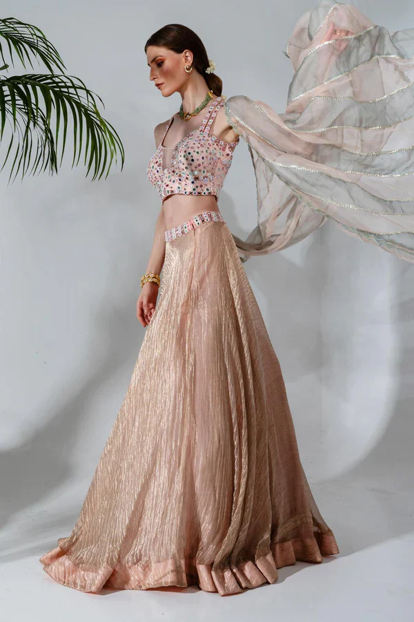 Pink Tissue Silk Mirrorwork Embellished Blouse Lehenga Set - Image 3