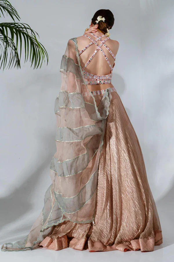 Pink Tissue Silk Mirrorwork Embellished Blouse Lehenga Set - Image 4
