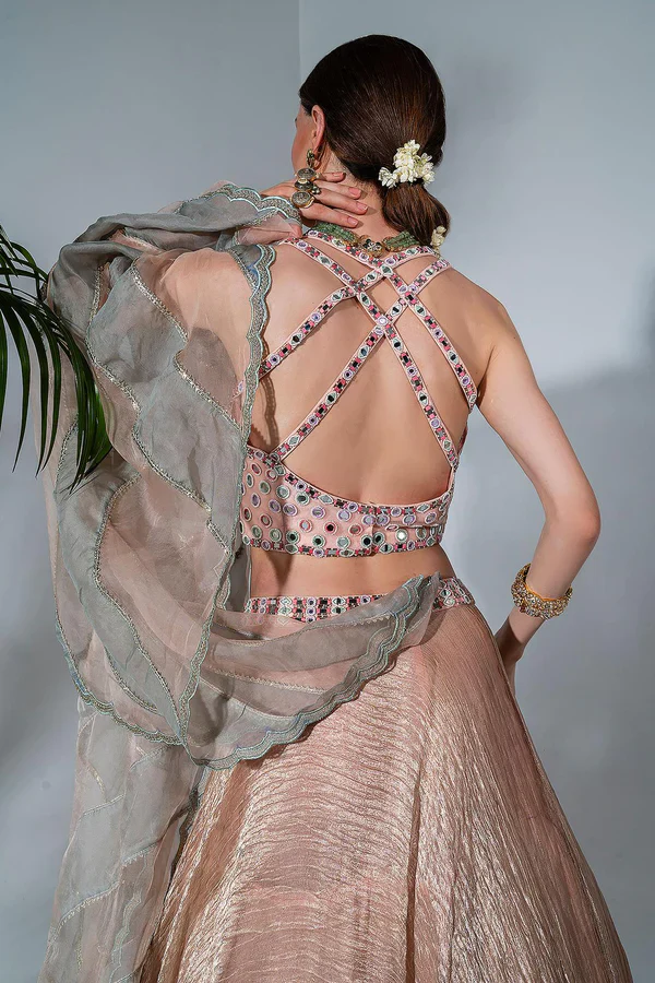 Pink Tissue Silk Mirrorwork Embellished Blouse Lehenga Set - Image 5