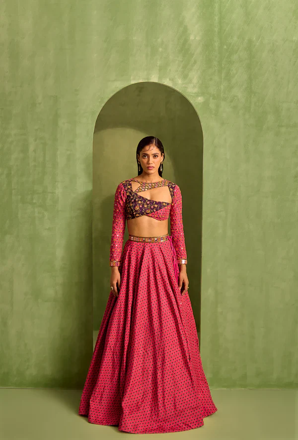 Pink Viscose Raw Silk Print Motif Asymmetric Cutwork Neck Lehenga - Image 2
