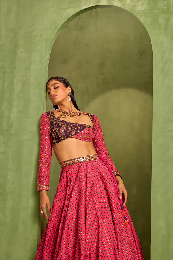 Pink Viscose Raw Silk Print Motif Asymmetric Cutwork Neck Lehenga - Image 3
