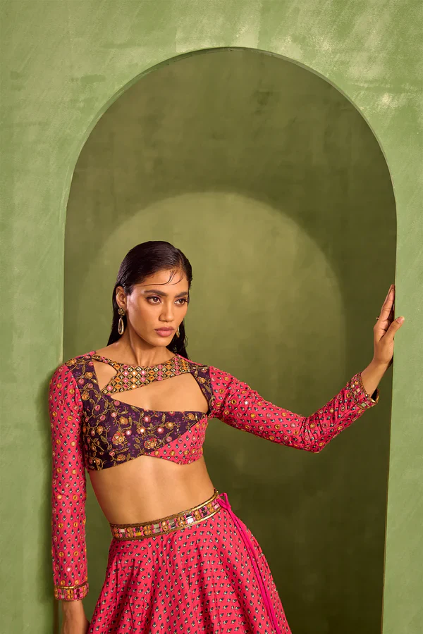 Pink Viscose Raw Silk Print Motif Asymmetric Cutwork Neck Lehenga - Image 4