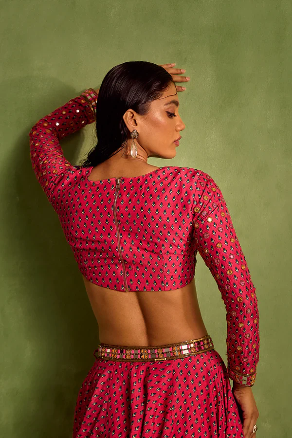 Pink Viscose Raw Silk Print Motif Asymmetric Cutwork Neck Lehenga - Image 7