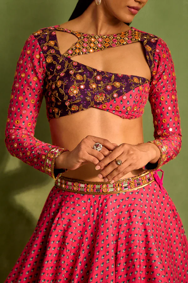 Pink Viscose Raw Silk Print Motif Asymmetric Cutwork Neck Lehenga - Image 9