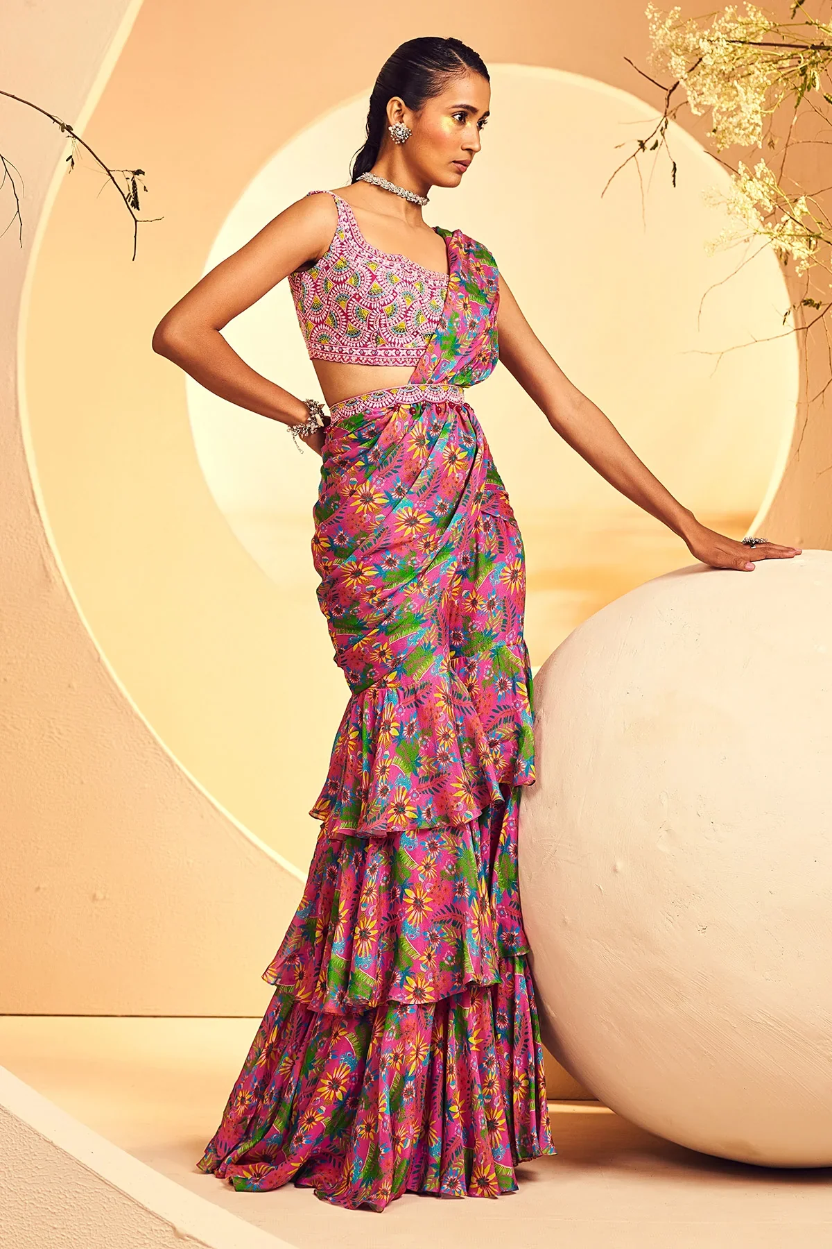 Pinklime 3 Layer Sharara Saree - Image 4
