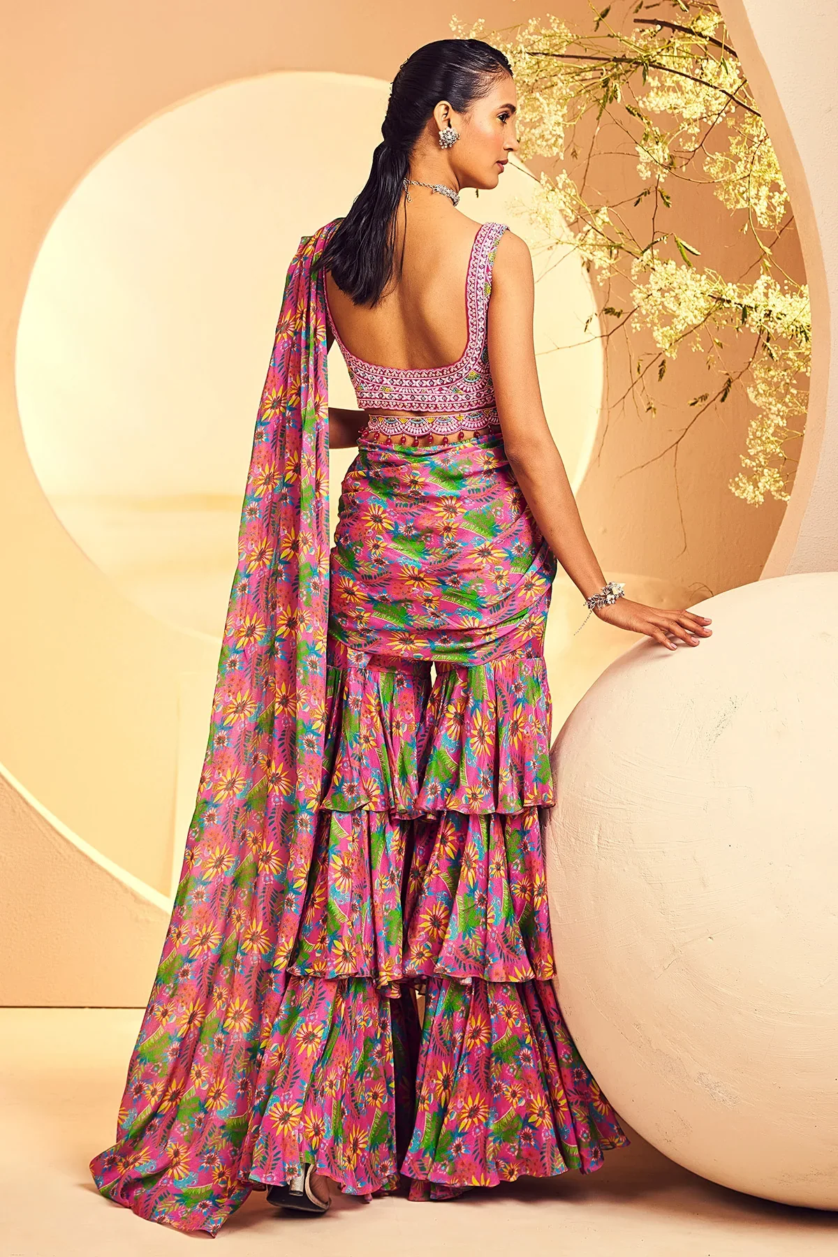 Pinklime 3 Layer Sharara Saree - Image 5