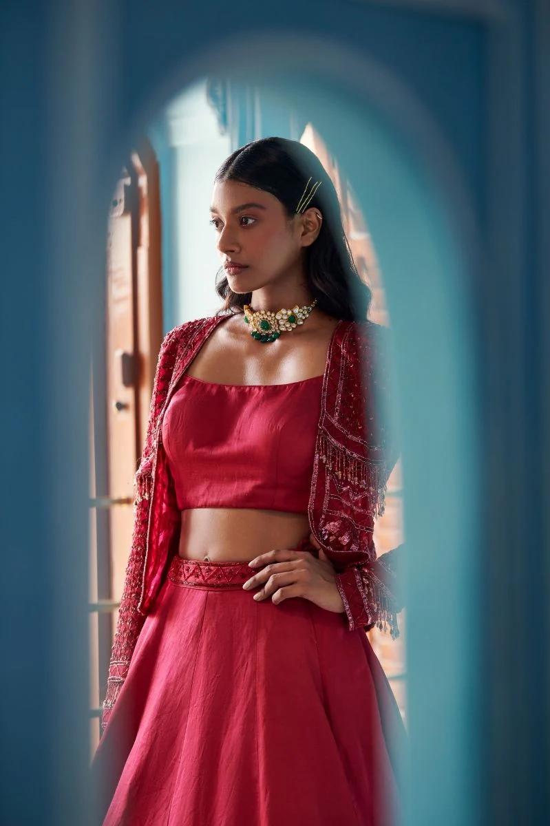 Plum Crop Top with Embroidered Jacket Set - Image 2