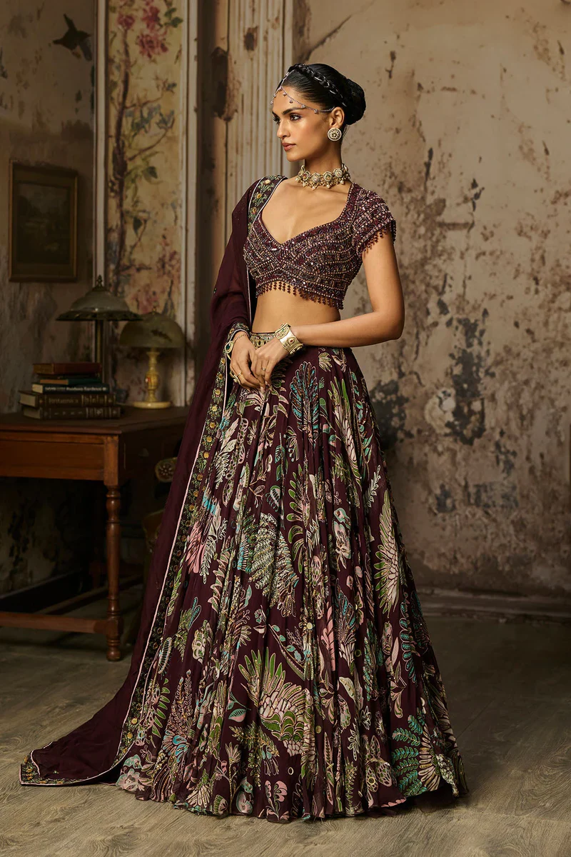 Plum Embroidered Blouse With Printed Lehenga Set - Image 2