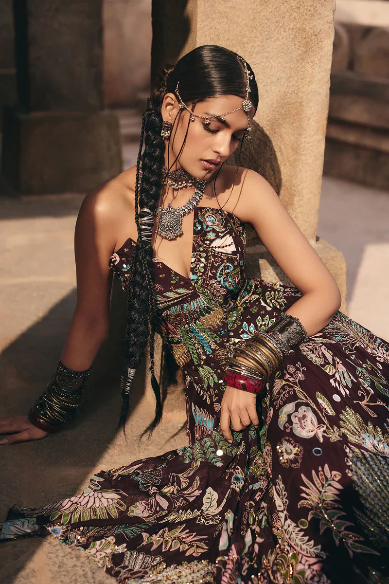 Plum Printed And Highlighted Corset Lehenga Set - Image 5