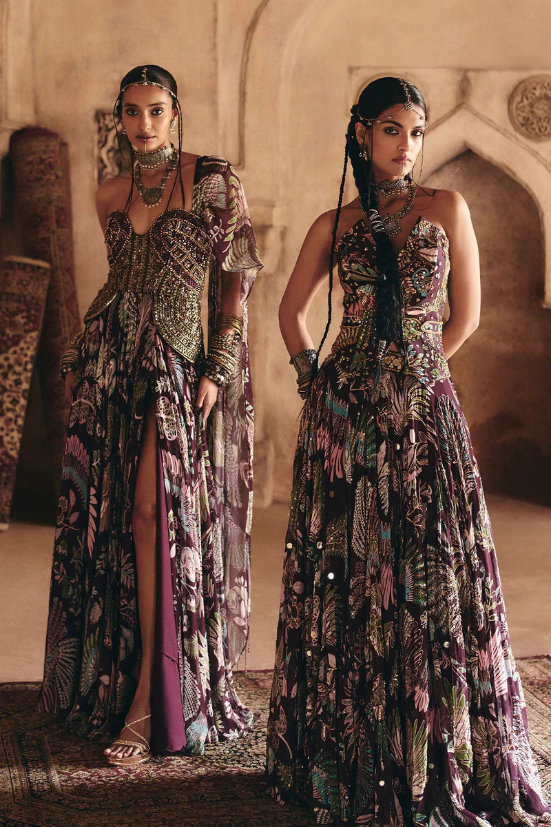 Plum Printed And Highlighted Corset Lehenga Set - Image 6