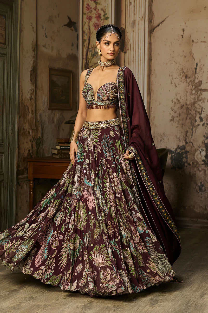Plum Printed And Highlighted Lehenga Set - Image 2