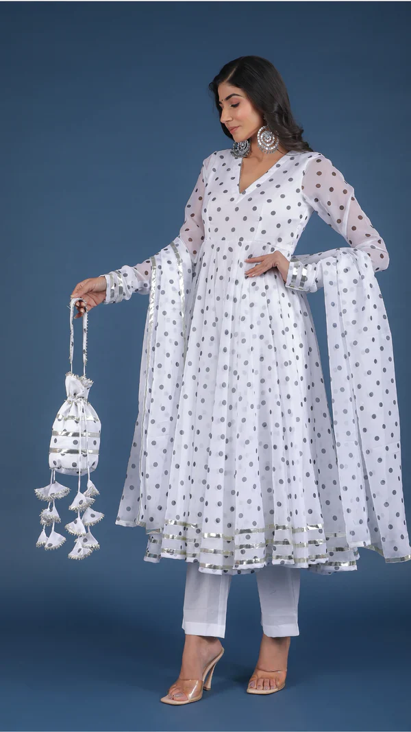 Polka Dot White Organza Anarkali Set