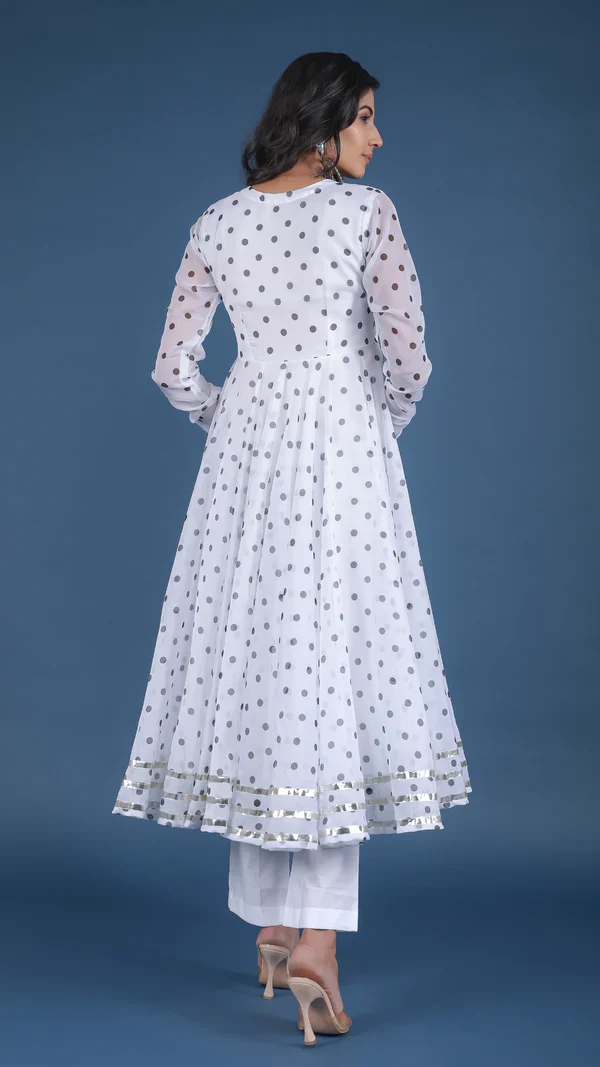 Polka Dot White Organza Anarkali Set - Image 3