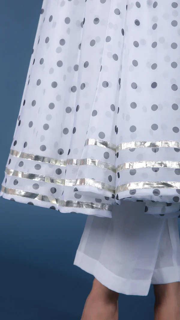 Polka Dot White Organza Anarkali Set - Image 4