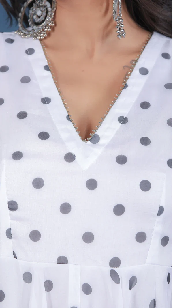 Polka Dot White Organza Anarkali Set - Image 5