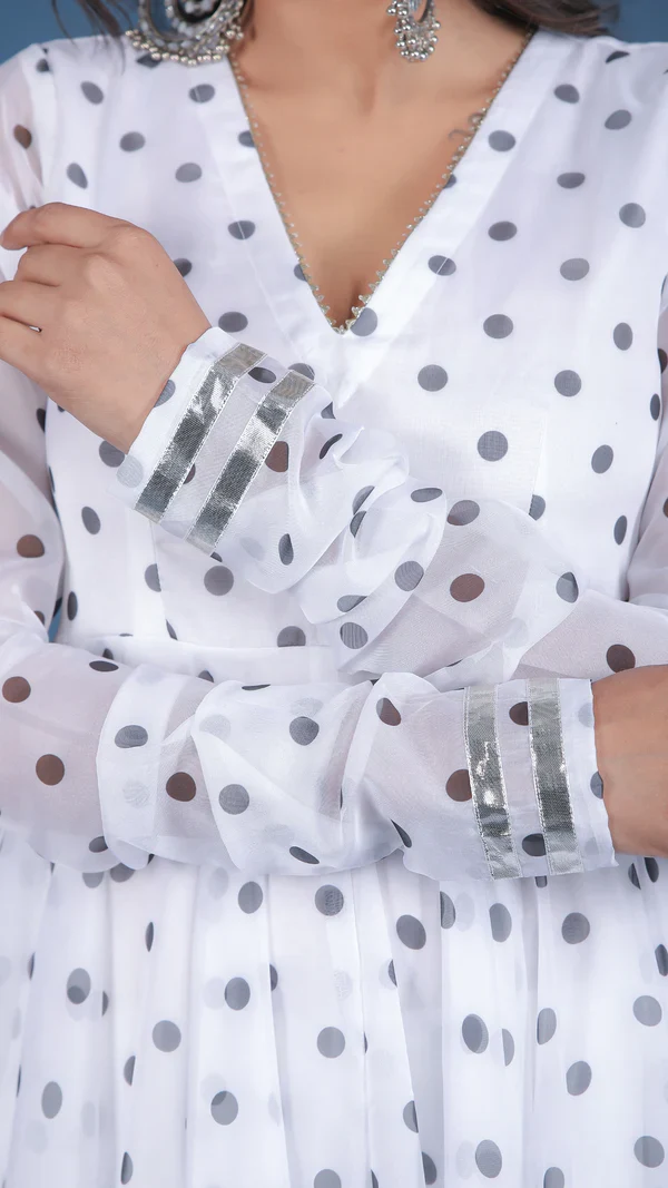 Polka Dot White Organza Anarkali Set - Image 6