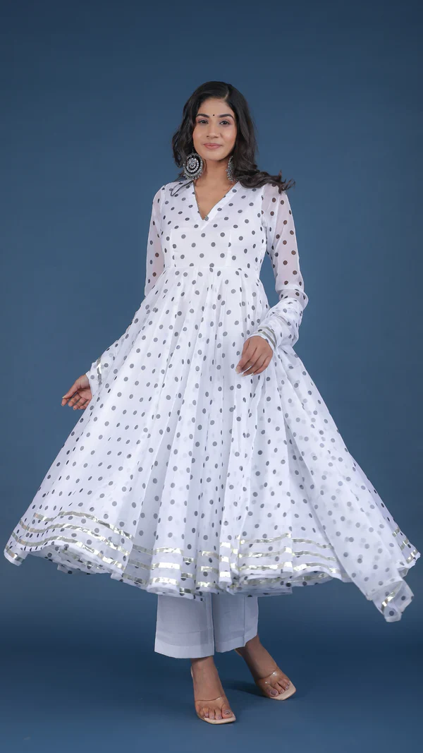 Polka Dot White Organza Anarkali Set - Image 8