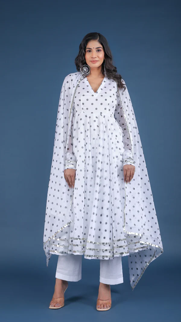 Polka Dot White Organza Anarkali Set - Image 9