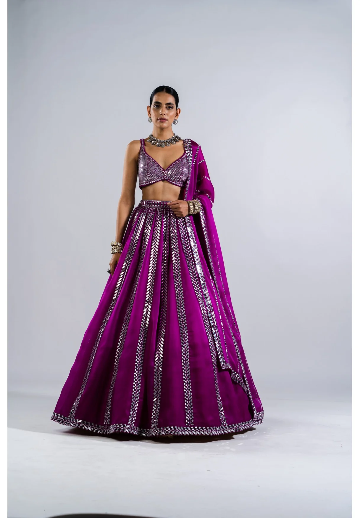 Pop Wine Mirror Seam Lehenga Set