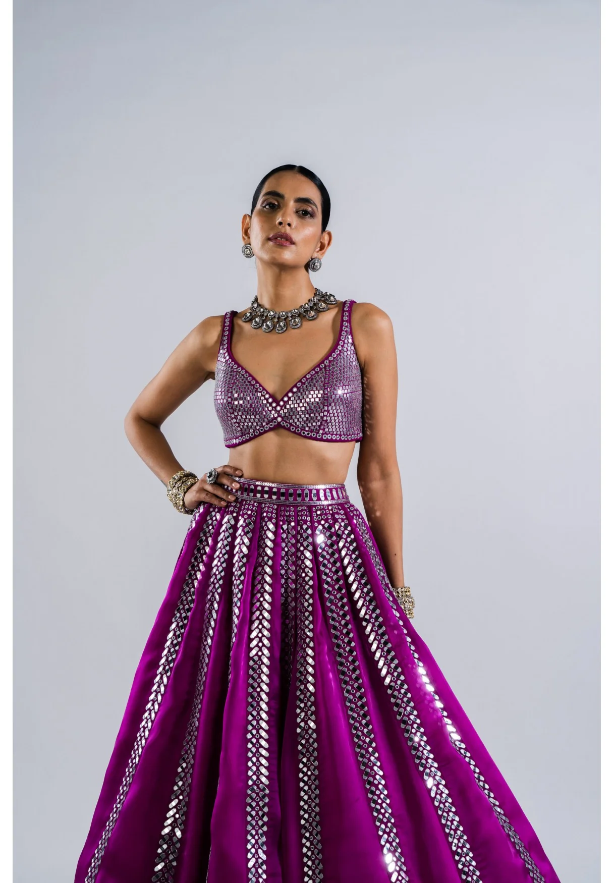 Pop Wine Mirror Seam Lehenga Set - Image 3