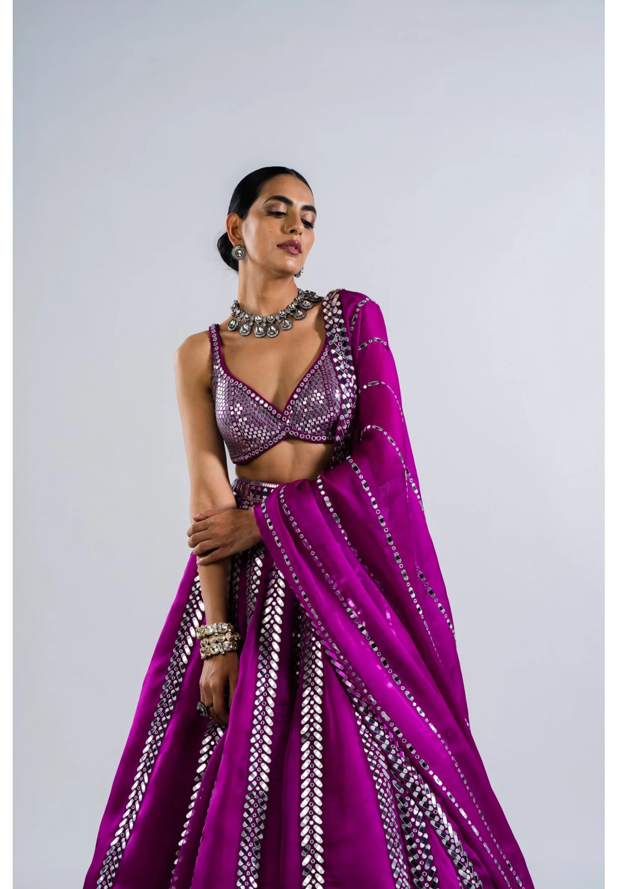 Pop Wine Mirror Seam Lehenga Set - Image 4