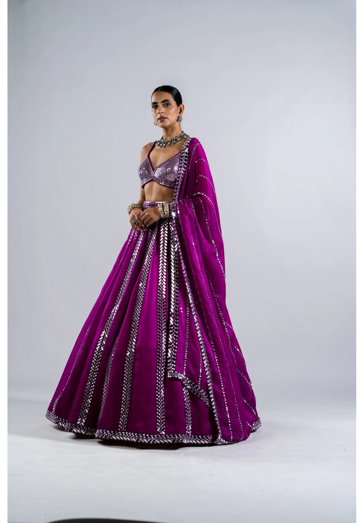 Pop Wine Mirror Seam Lehenga Set - Image 5