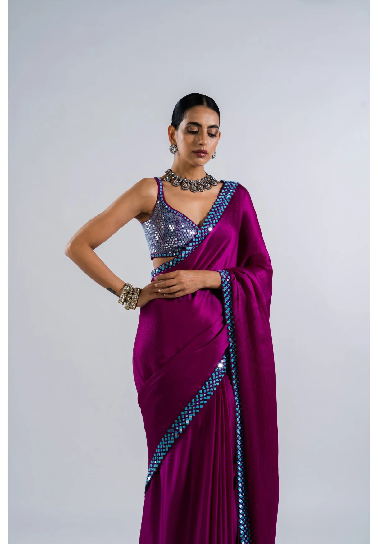 Pop Wine Satin Chiffon Saree Set - Image 4