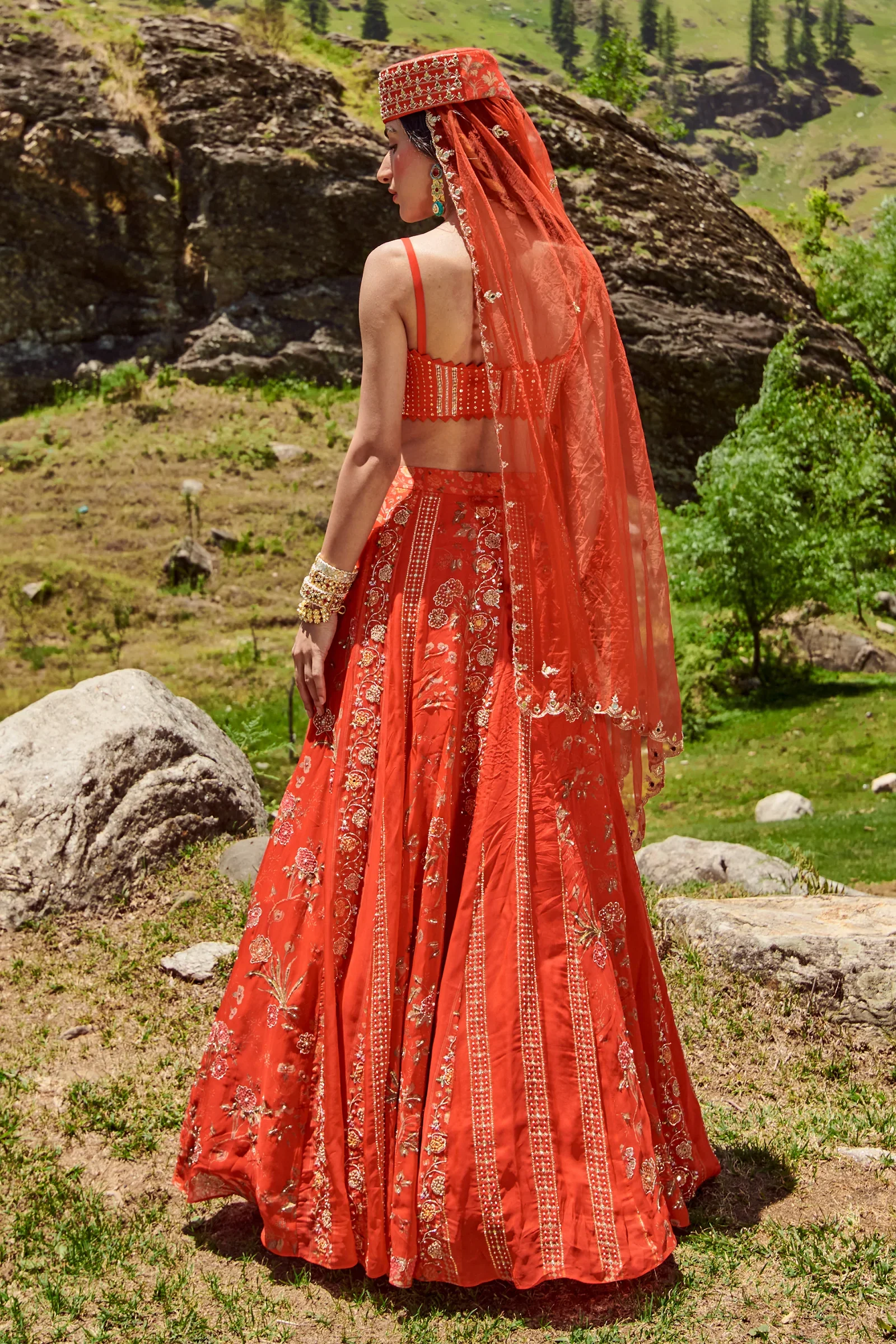 Poppy Red Border Print Organza Lehenga Set - Image 3