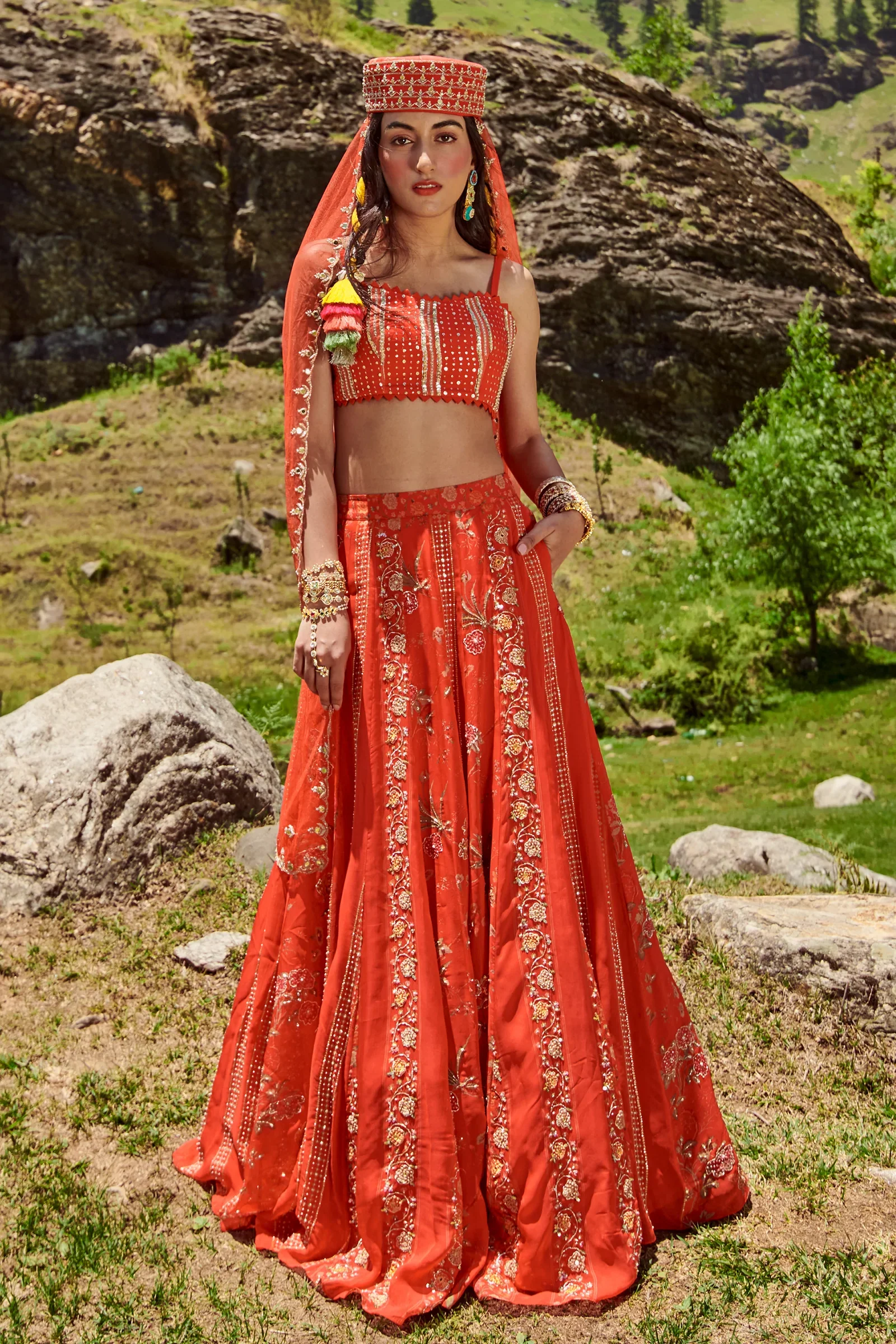 Poppy Red Border Print Organza Lehenga Set - Image 4