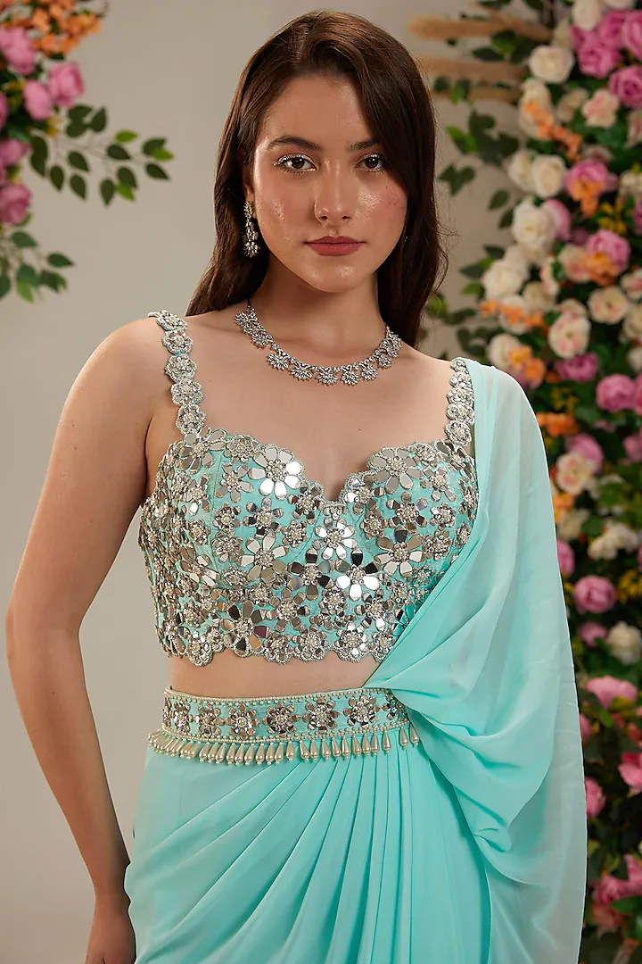 Powder Blue Georgette Draped Saree Set - Image 2