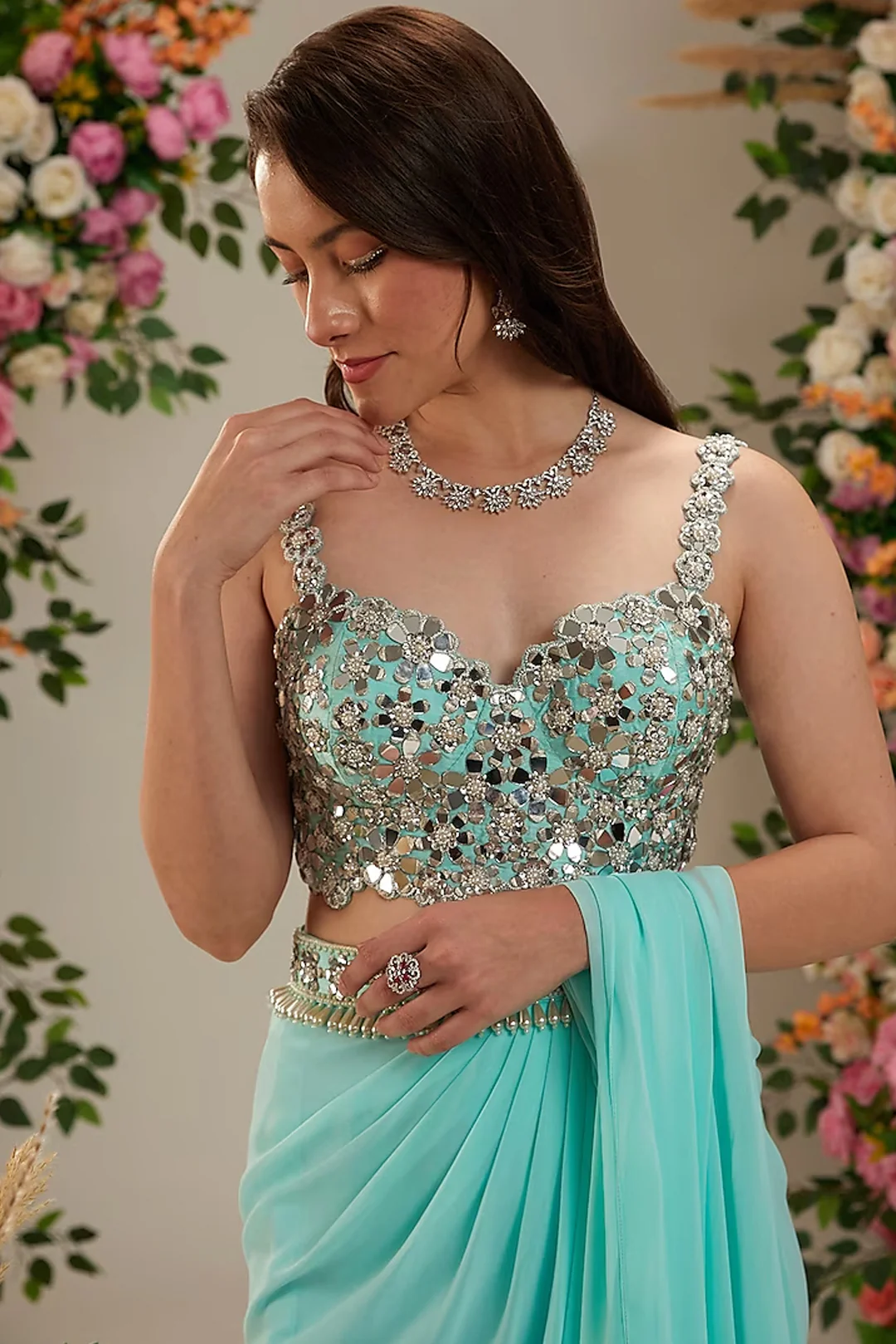 Powder Blue Georgette Draped Saree Set - Image 3