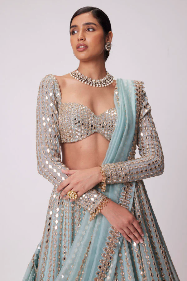 Powder Blue Linear Embroidered Lehenga Set - Image 2