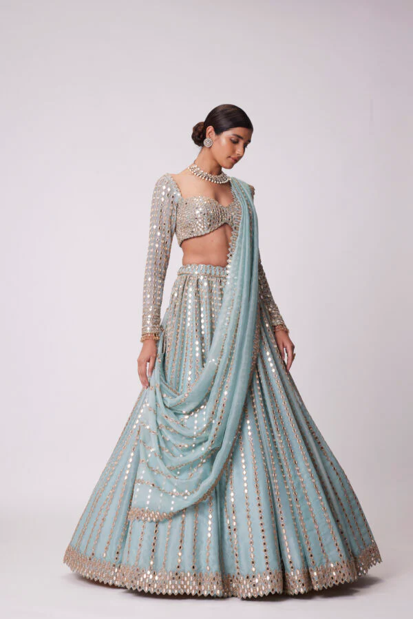 Powder Blue Linear Embroidered Lehenga Set - Image 3